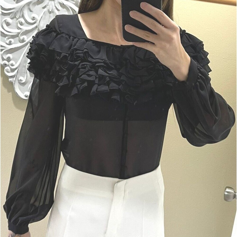 NWT! ANNE FONTAINE Silk Cascade Ruffles Corset Long Sleeves Black Top 38 US 4 6